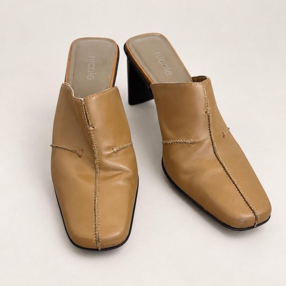 Nicole Tan Square-Toe Heeled Mules — Size 7M